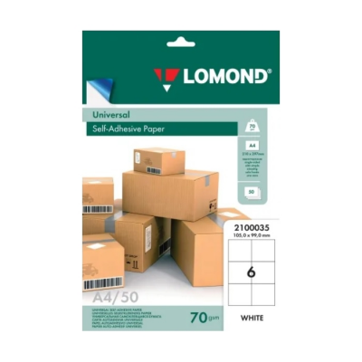 Самоклеющаяся бумага Lomond 6 делений 105 Х 99, А4, 70 г/м, 50 л Универсальная (2100035)
